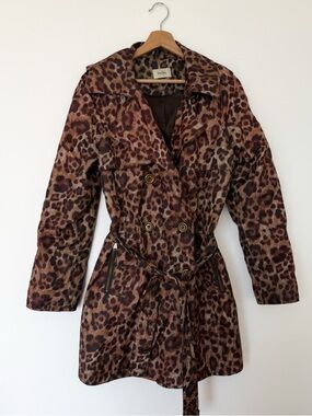 Neiman Marcus Leopard Print Trench Coat - Brown